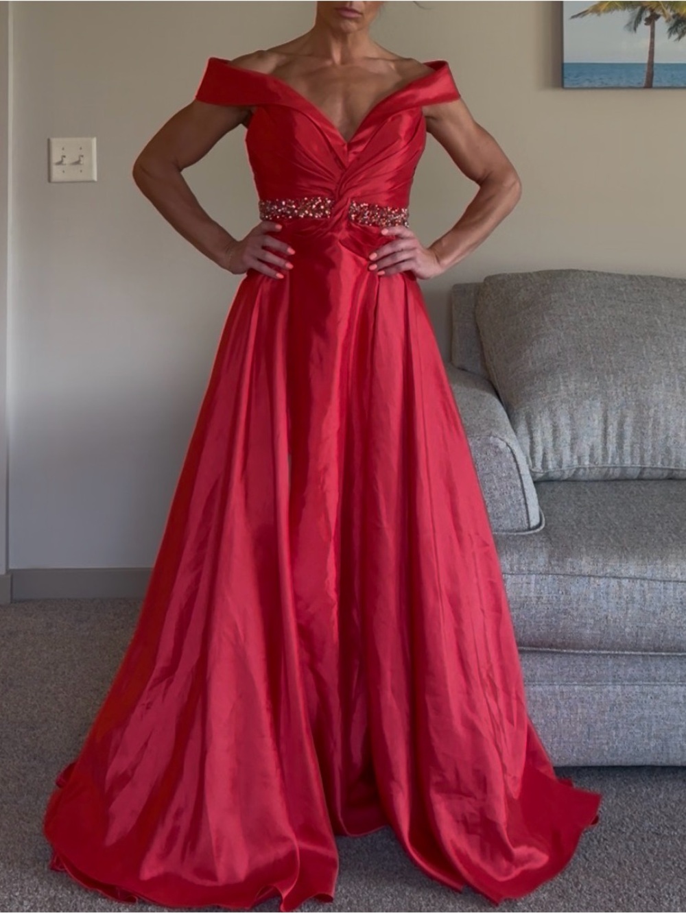 Tony Bowls Off-the-Shoulder Red Gown with Beaded Waist